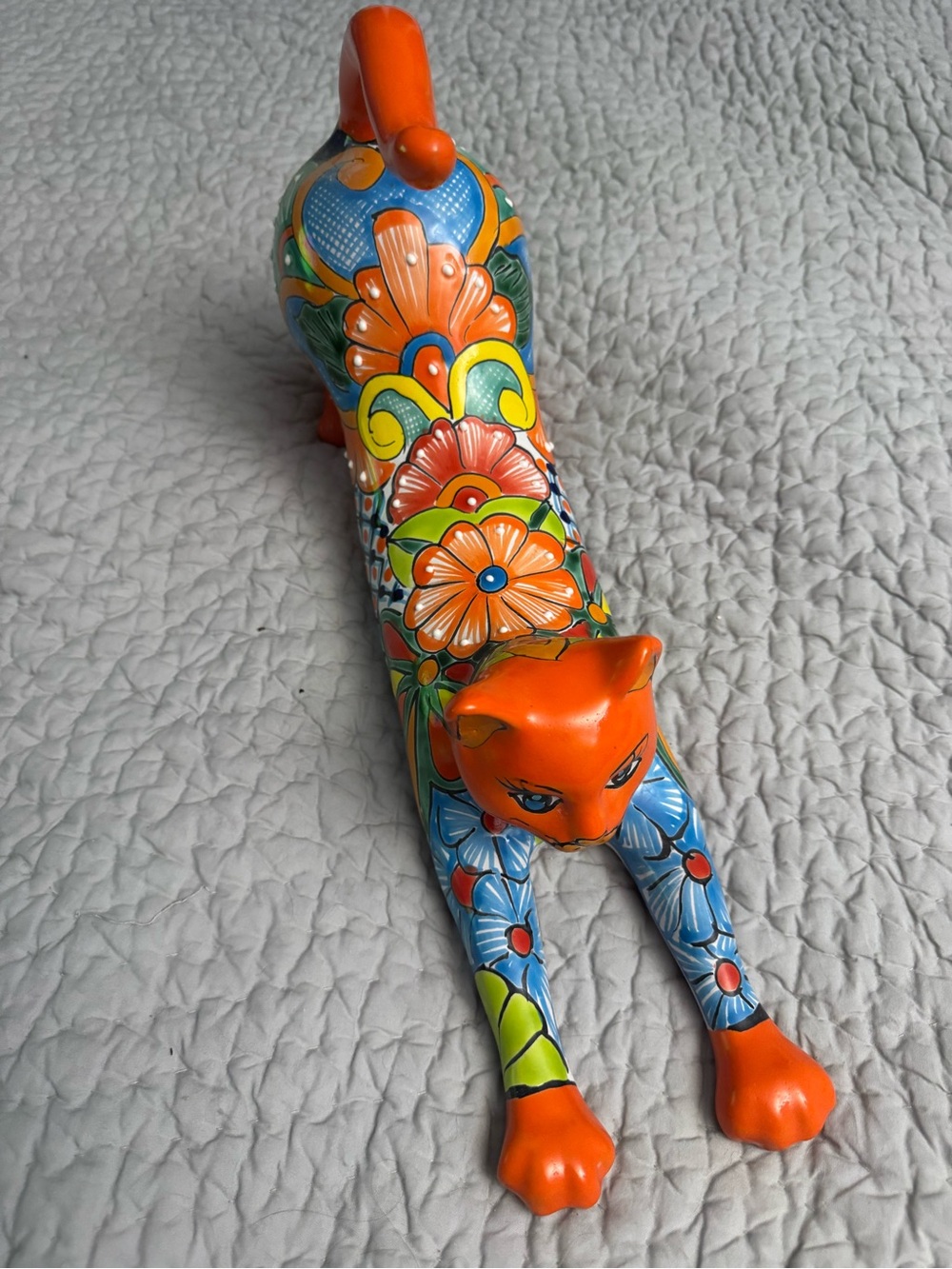 EUC Large Talavera Painted Orange Floral Stretching Cat Figurine - Ceramic